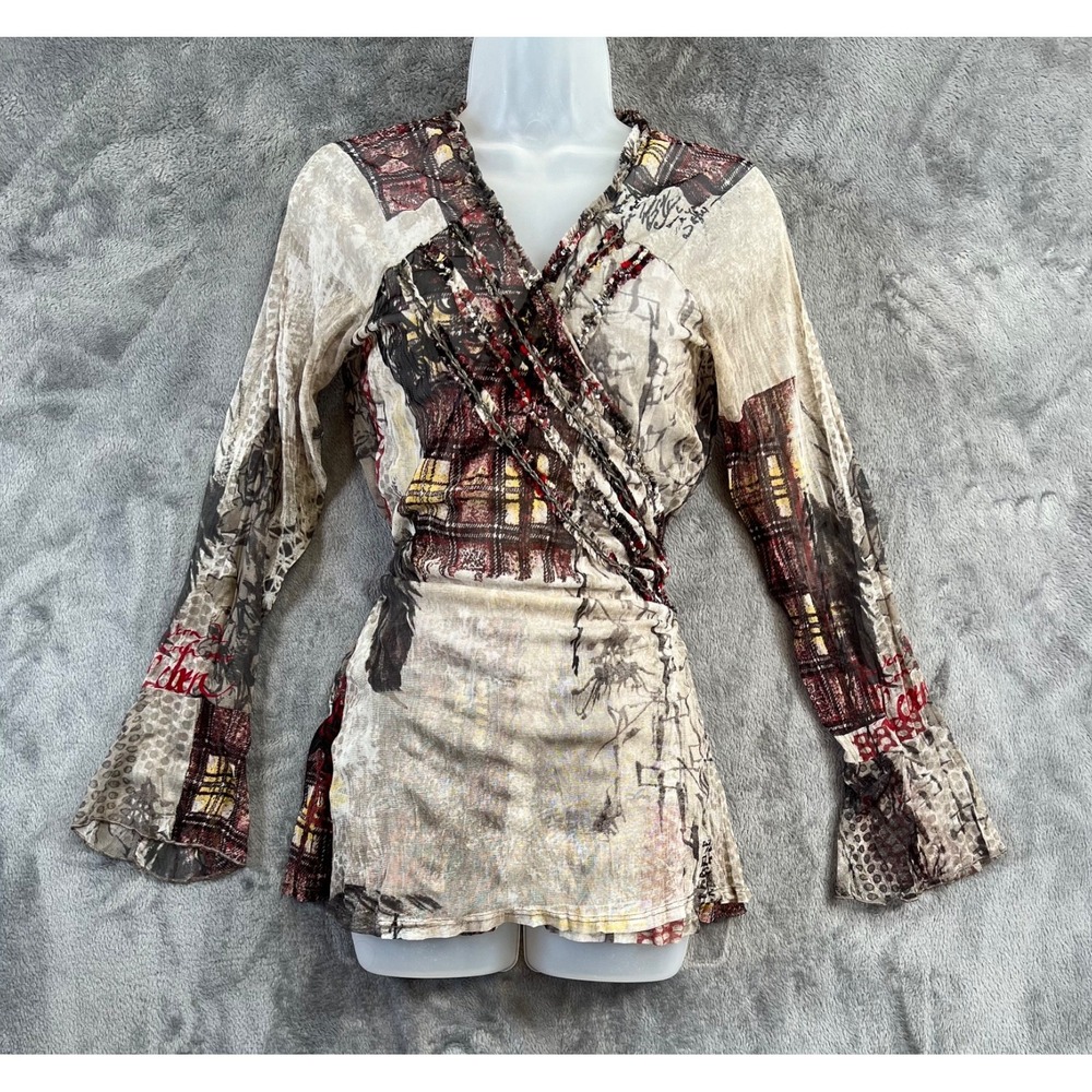 Marc Aurel Vintage Mesh Top Blouse 48 XL Print Wrap Sequins Flare Sleeve Y2K